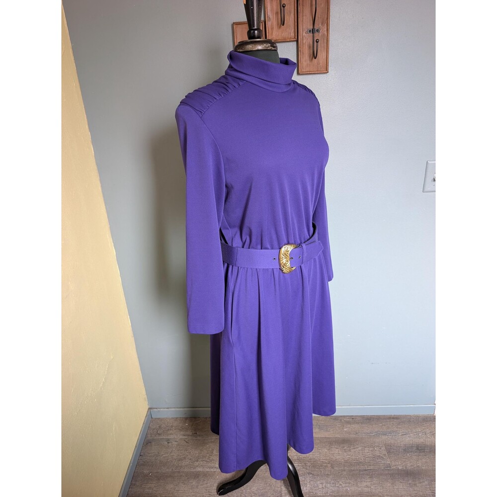 Vintage Purple Long Sleeve Dress; 80s Belted Jersey Dress